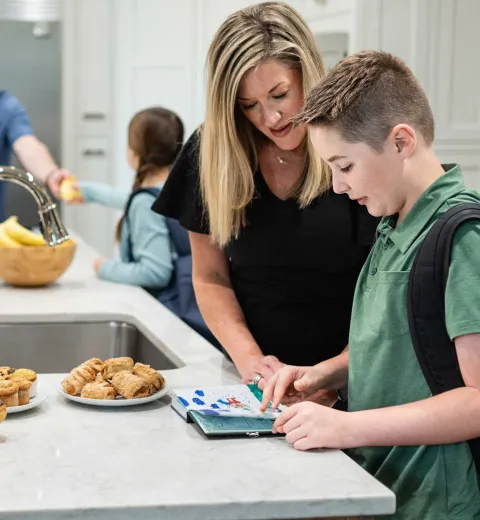 Family around kitchen table
