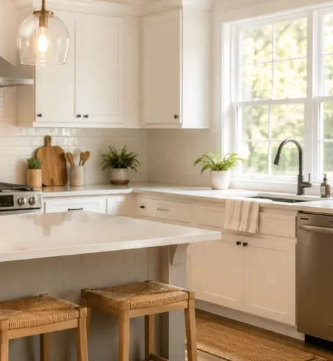 Spotless modern kitchen with white cabinets, quartz countertops, stainless steel appliances, and natural light.