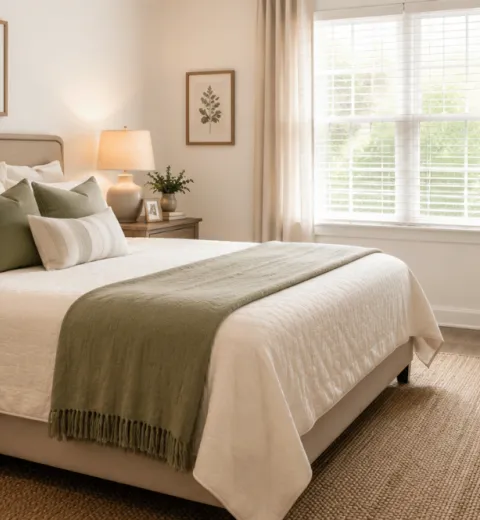 Fresh and tidy bedroom with neatly made bed, neutral décor, and warm natural lighting.