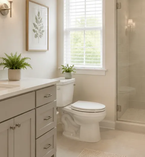 Clean modern bathroom with glass shower, vanity, fresh towels, and bright natural light.