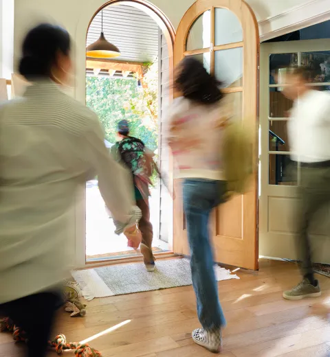 family rushing out the door