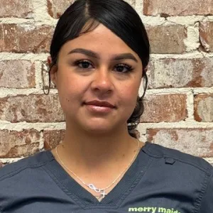 smiling woman with a grey merry maids uniform standing in front of a brick wall