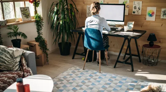 Woman working at home office with dog.