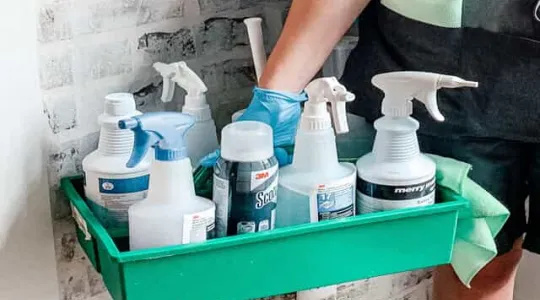 A person holding cleaning supplies