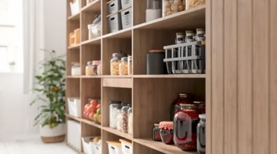 A pantry shelf with food items sorted into well-organized containers. | Merry Maids