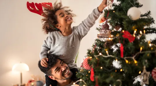 Beautiful young girl on her father's shoulders putting ornaments on the Christmas tree | Merry Maids