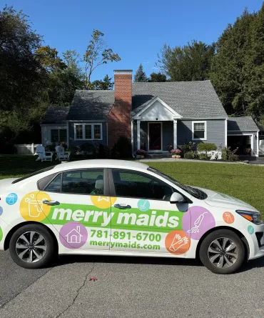 Merry Maids branded vehicle ready to provide professional house cleaning services in Newton, Massachusetts