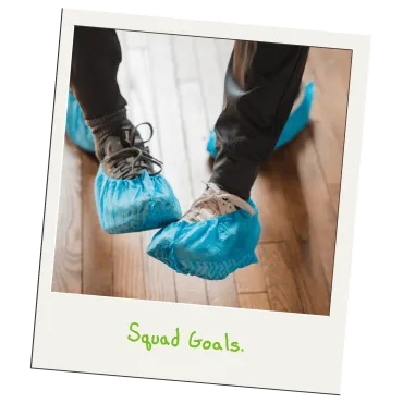 Merry Maids team member wearing blue protective shoe covers — caption reads "Squad Goals."