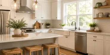 Spotless modern kitchen with white cabinets, quartz countertops, stainless steel appliances, and natural light.