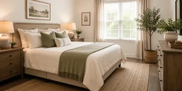 Fresh and tidy bedroom with neatly made bed, neutral décor, and warm natural lighting.