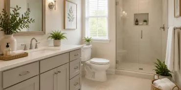 Clean modern bathroom with glass shower, vanity, fresh towels, and bright natural light.