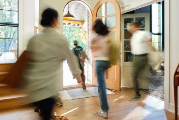 family rushing out the door